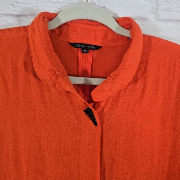 W John Mark Orange Woven Horn Toggle Button Down Shirt Blouse Sz XL Flowy Lagen - Picture 2 of 12